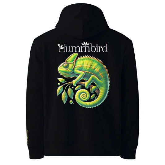 Caméléon sur sa branche — hoodie noir, vue dos