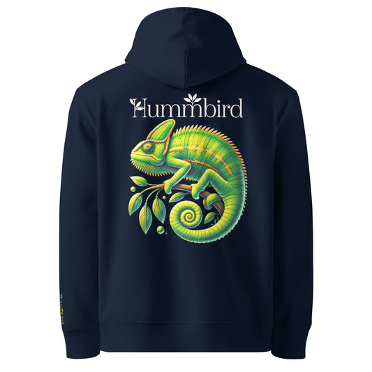 Caméléon sur sa Branche — Hoodie Bio 350 g Hummbird — vue dos, bleu marine