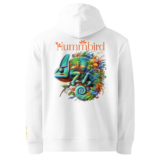 Caméléon Tropical — hoodie bio Hummbird, vue dos, blanc